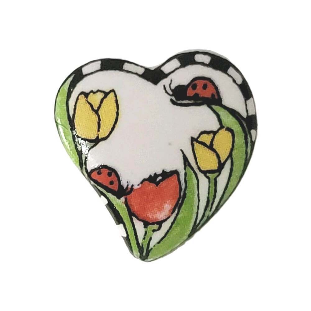 Vintage Ceramic Heart Lapel Hat Pin Painted Tulips Ladybugs